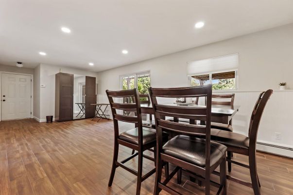 Dining room, Interior, Recessed Lighting, Wood Texture Flooring
