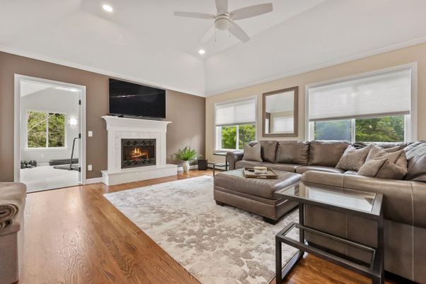 Fireplace, Interior, Living room, Recessed Lighting, Wood Texture Flooring