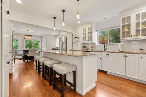Dining room, Interior, Kitchen, Pendant Lights, Recessed Lighting, Stainless Steel Appliances, Wood Texture Flooring