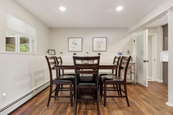 Dining room, Interior, Recessed Lighting, Wood Texture Flooring