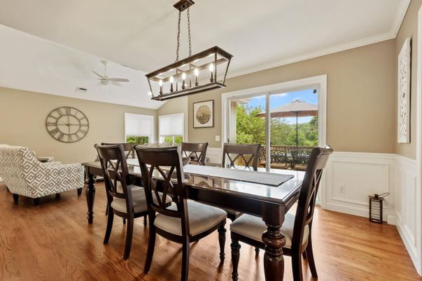Dining room, Interior, Pendant Lights, Wood Texture Flooring