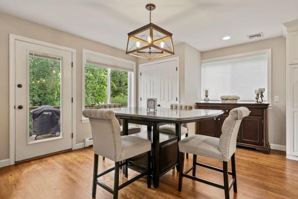 Dining room, Interior, Pendant Lights, Recessed Lighting, Wood Texture Flooring