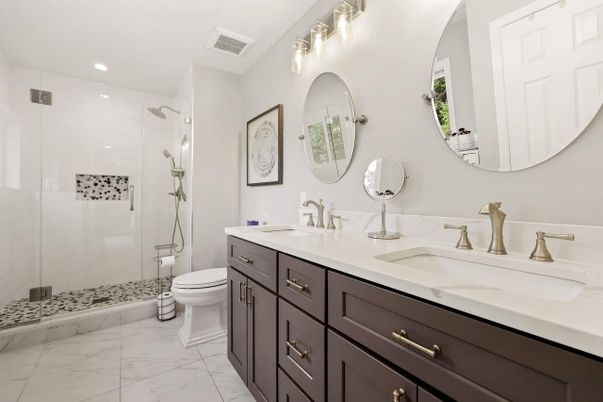 Bathroom, Dual Sink Vanities, Glass Shower, Interior, Marble, Recessed Lighting