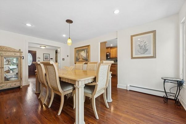 Dining room, Interior, Pendant Lights, Recessed Lighting, Wood Texture Flooring