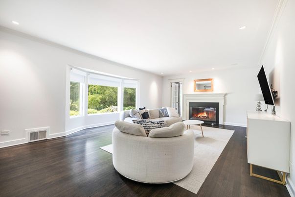 Fireplace, Interior, Living room, Recessed Lighting, Wood Texture Flooring