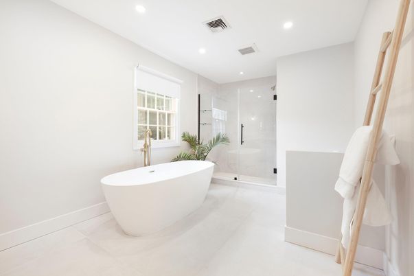 Bathroom, Free Standing Baths, Glass Shower, Interior, Recessed Lighting
