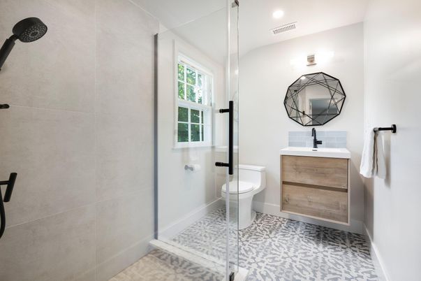 Bathroom, Glass Shower, Interior, Recessed Lighting