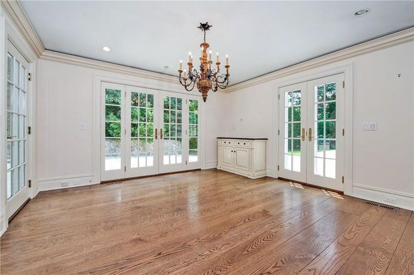 Chandelier, Empty room, Interior, Recessed Lighting, Wood Texture Flooring