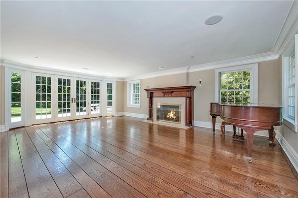 Empty room, Fireplace, Interior, Piano, Recessed Lighting, Wood Texture Flooring