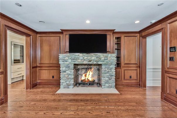 Fireplace, Interior, Recessed Lighting, Wood Texture Flooring