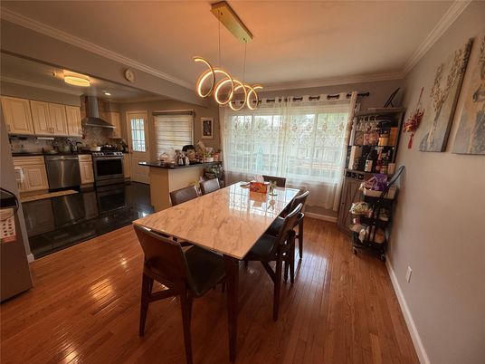 Dining room, Interior, Kitchen, Pendant Lights, Stainless Steel Appliances, Wood Texture Flooring