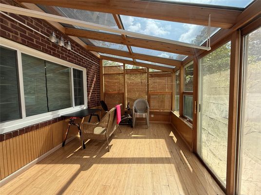 Glass Ceilings, Interior, Stone Walls, Sun Room, Wood Texture Flooring