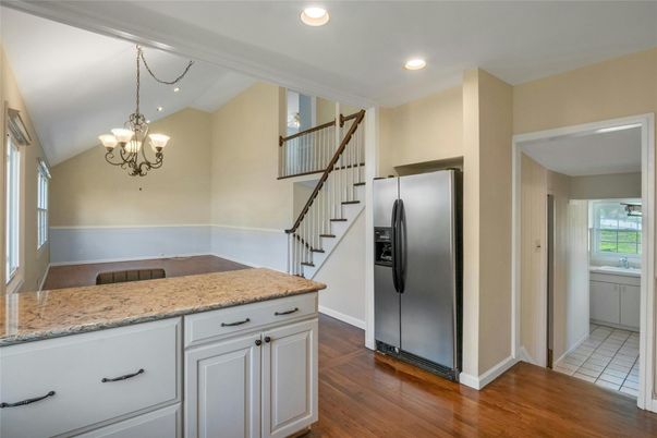 Chandelier, Interior, Kitchen, Recessed Lighting, Wood Texture Flooring