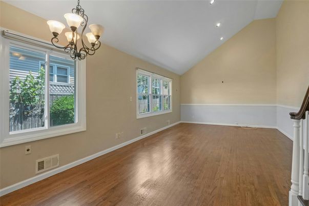 Chandelier, Empty room, Interior, Recessed Lighting, Wood Texture Flooring