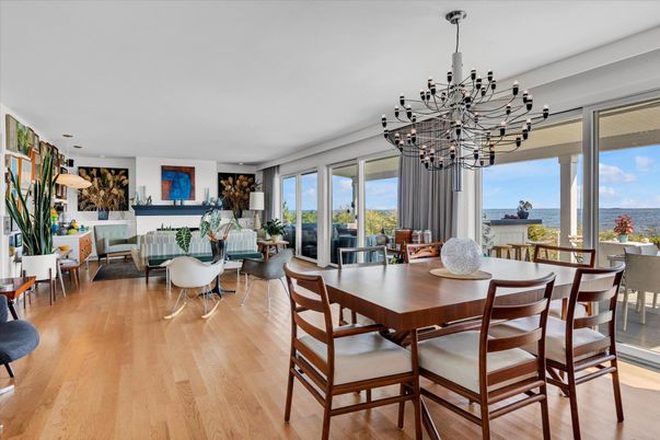 Dining room, Interior, Living room, Pendant Lights, Water, Wood Texture Flooring