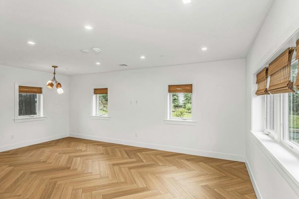 Empty room, Interior, Pendant Lights, Recessed Lighting, Wood Texture Flooring