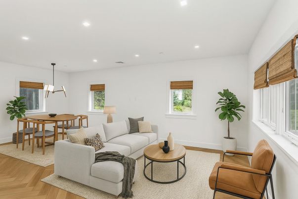Dining room, Interior, Living room, Pendant Lights, Recessed Lighting, Wood Texture Flooring
