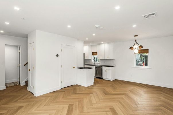 Interior, Kitchen, Pendant Lights, Recessed Lighting, Wood Texture Flooring