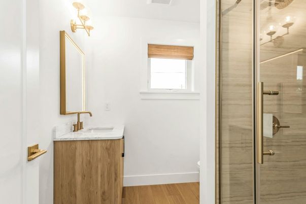 Bathroom, Glass Shower, Interior, Wood Texture Flooring