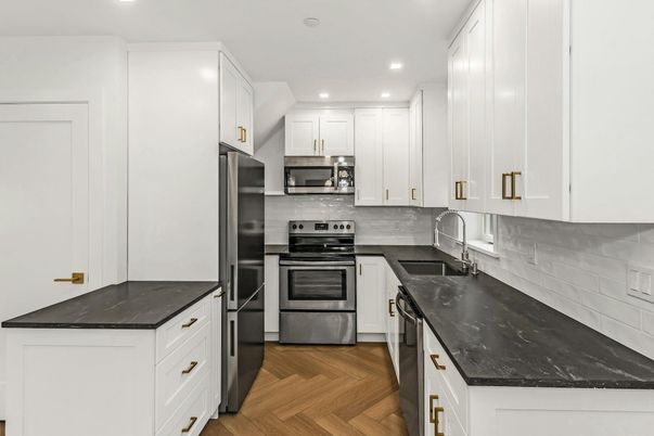 Interior, Kitchen, Recessed Lighting, Stainless Steel Appliances, Wood Texture Flooring