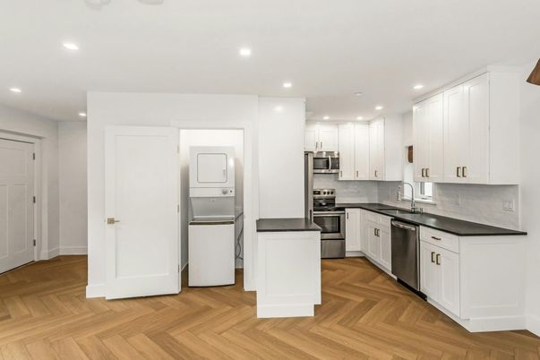 Interior, Kitchen, Recessed Lighting, Stainless Steel Appliances, Wood Texture Flooring