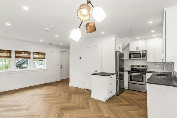 Interior, Kitchen, Recessed Lighting, Stainless Steel Appliances, Wood Texture Flooring