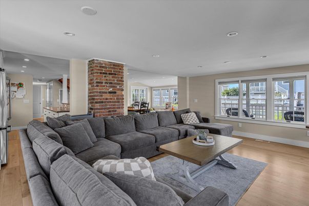 Interior, Living room, Recessed Lighting, Stone Walls, Wood Texture Flooring