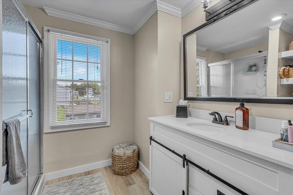 Bathroom, Interior, Recessed Lighting, Wood Texture Flooring