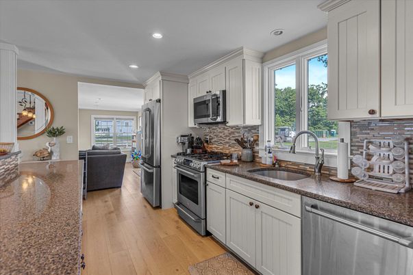 Interior, Kitchen, Living room, Recessed Lighting, Stainless Steel Appliances, Wood Texture Flooring