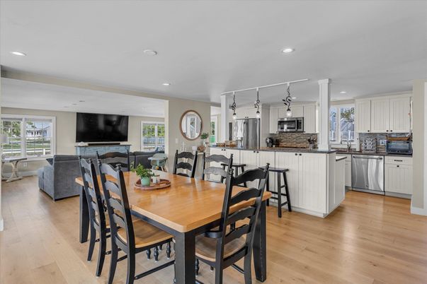 Dining room, Interior, Kitchen, Living room, Recessed Lighting, Stainless Steel Appliances, Wood Texture Flooring