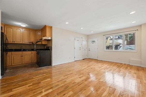 Empty room, Interior, Kitchen, Recessed Lighting, Wood Texture Flooring