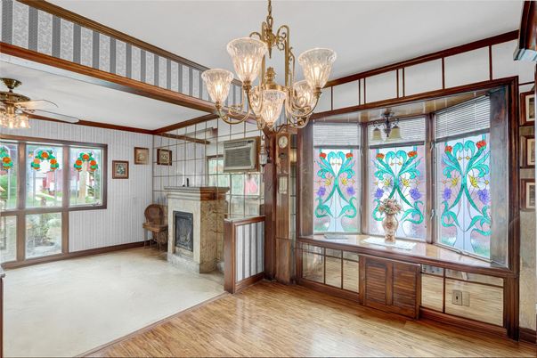 Chandelier, Empty room, Fireplace, Interior, Wood Texture Flooring
