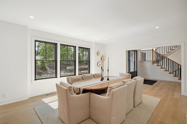 Dining room, Interior, Recessed Lighting, Wood Texture Flooring