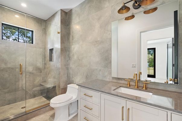 Bathroom, Glass Shower, Interior, Recessed Lighting