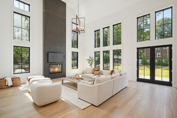 Fireplace, Interior, Living room, Pendant Lights, Wood Texture Flooring