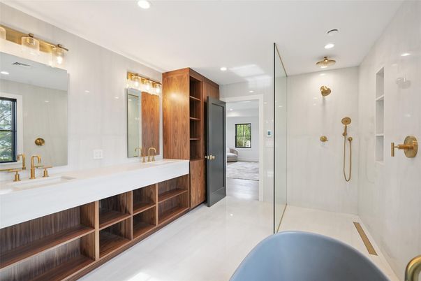 Bathroom, Dual Sink Vanities, Glass Shower, Interior, Recessed Lighting