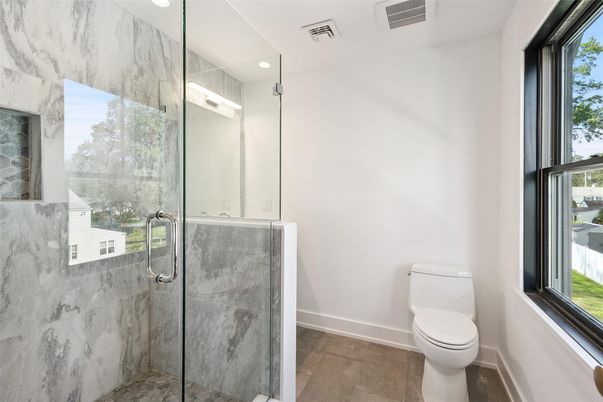 Bathroom, Glass Shower, Interior, Marble Walls, Recessed Lighting