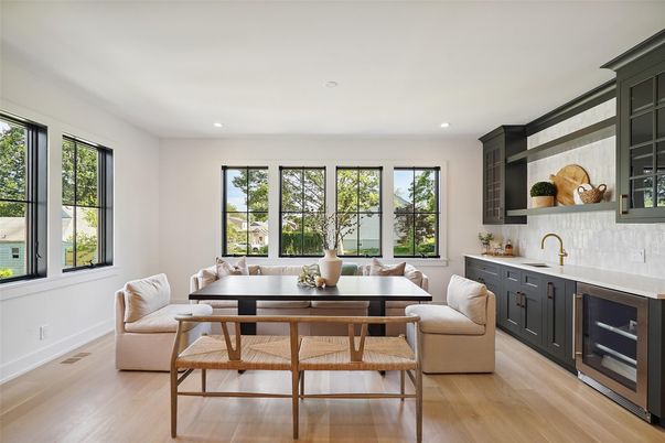 Dining room, Interior, Recessed Lighting, Wood Texture Flooring