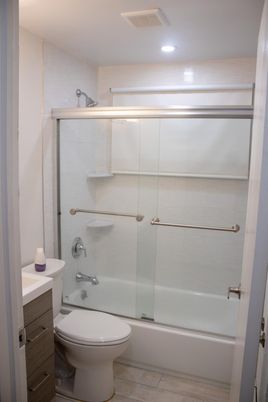 Bathroom, Glass Shower, Interior, Recessed Lighting, Wood Texture Flooring