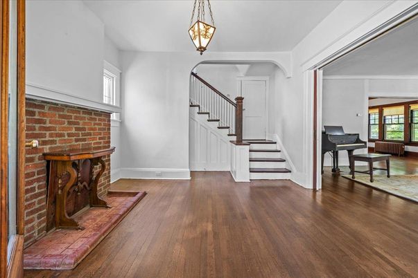 Fireplace, Interior, Pendant Lights, Piano, Stone Walls, Wood Texture Flooring