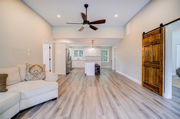 Interior, Kitchen, Pendant Lights, Recessed Lighting, Wood Texture Flooring