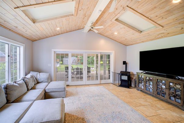 Fireplace, Interior, Living room, Recessed Lighting, Wooden Ceilings