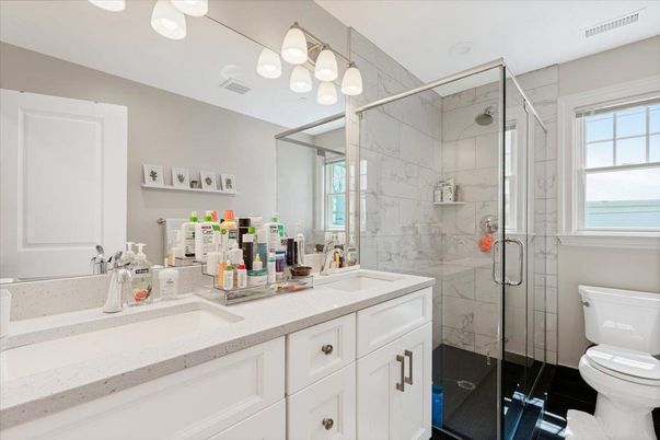 Bathroom, Dual Sink Vanities, Glass Shower, Interior, Marble Walls