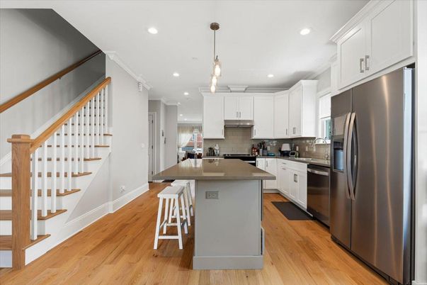 Interior, Kitchen, Pendant Lights, Recessed Lighting, Stainless Steel Appliances, Wood Texture Flooring