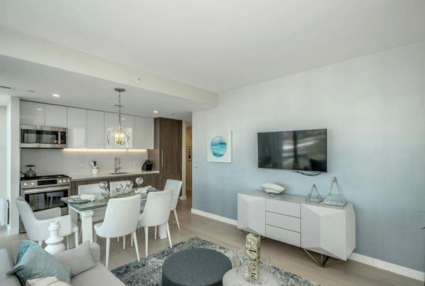 Dining room, Interior, Kitchen, Living room, Pendant Lights, Recessed Lighting, Stainless Steel Appliances, Wood Texture Flooring