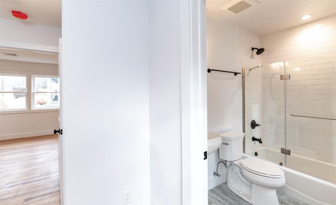 Bathroom, Glass Shower, Interior, Recessed Lighting, Wood Texture Flooring