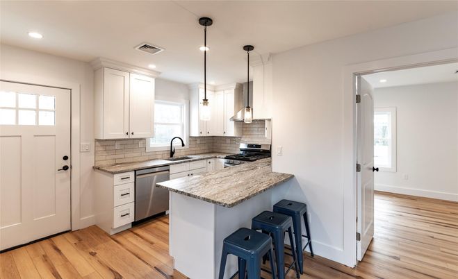 Interior, Kitchen, Pendant Lights, Recessed Lighting, Stainless Steel Appliances, Wood Texture Flooring