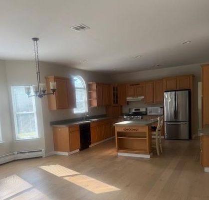 Interior, Kitchen, Pendant Lights, Recessed Lighting, Stainless Steel Appliances, Wood Texture Flooring
