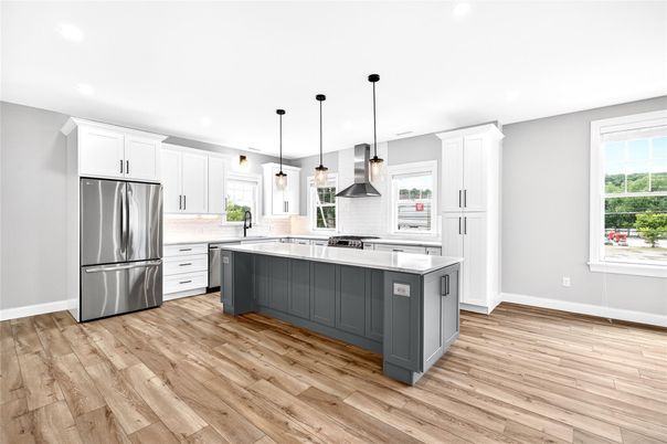 Interior, Kitchen, Pendant Lights, Stainless Steel Appliances, Wood Texture Flooring
