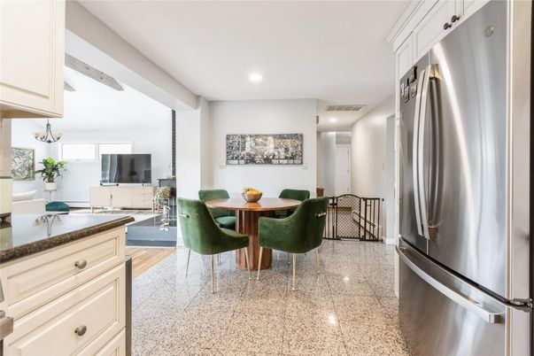 Dining room, Interior, Kitchen, Recessed Lighting, Stainless Steel Appliances, Wood Texture Flooring